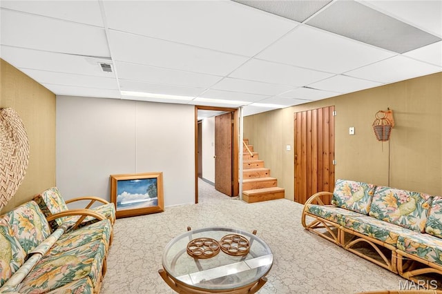 401 Willowbrook Ln, Collinsville, IL 62234 - living area with a paneled ceiling, stairs, and carpet flooring