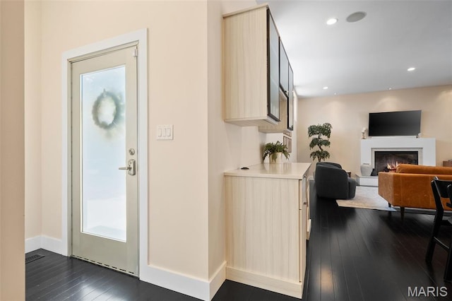 5951 Jamieson Ave, Saint Louis, MO 63109 - entryway featuring a lit fireplace, dark wood-style floors, healthy amount of natural light, and recessed lighting