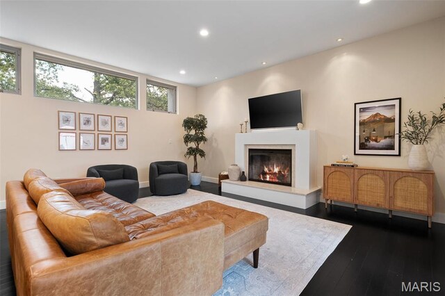 5951 Jamieson Ave, Saint Louis, MO 63109 - living room featuring dark wood-style floors, recessed lighting, and a glass covered fireplace