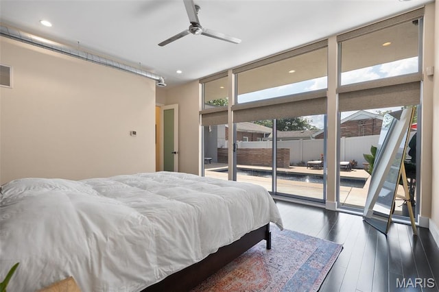 5951 Jamieson Ave, Saint Louis, MO 63109 - bedroom with access to exterior, wood-type flooring, floor to ceiling windows, and recessed lighting
