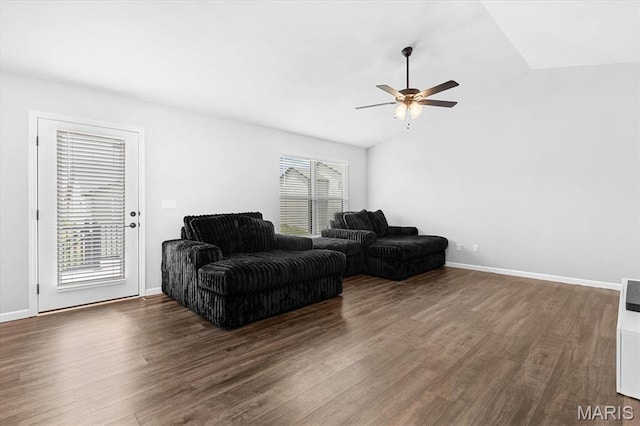 1433 Victoria Square Ct, Ofallon, IL 62269 - living room with a ceiling fan, dark wood-style floors, and lofted ceiling