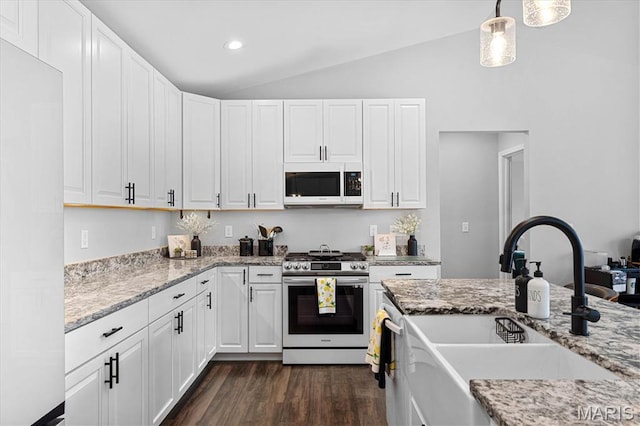 1433 Victoria Square Ct, Ofallon, IL 62269 - kitchen featuring white appliances, lofted ceiling, white cabinetry, dark wood-style floors, and pendant lighting