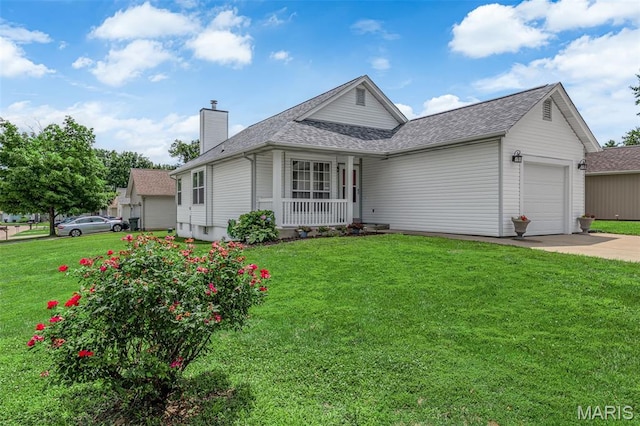 2961 Plum Leaf Cir, Saint Peters, MO 63303 - view of front facade featuring a garage, driveway, a chimney, a front yard, and roof with shingles