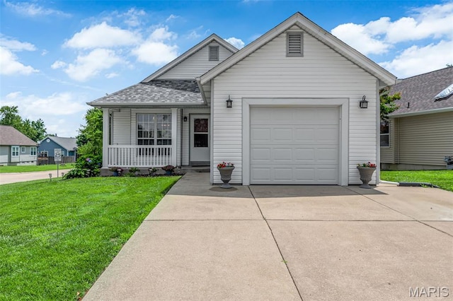 2961 Plum Leaf Cir, Saint Peters, MO 63303 - view of front of property featuring driveway, a front lawn, a shingled roof, a garage, and a porch