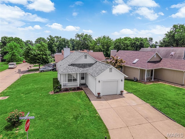 2961 Plum Leaf Cir, Saint Peters, MO 63303 - ranch-style home featuring an attached garage, a front lawn, driveway, and roof with shingles