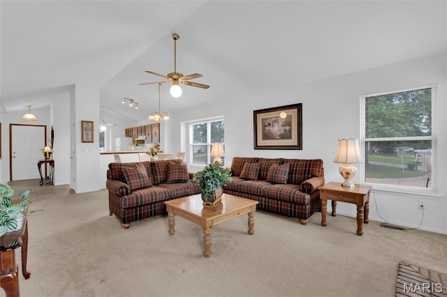 2961 Plum Leaf Cir, Saint Peters, MO 63303 - living area with vaulted ceiling, light colored carpet, and ceiling fan