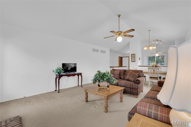 2961 Plum Leaf Cir, Saint Peters, MO 63303 - living area featuring light carpet, a ceiling fan, a chandelier, and high vaulted ceiling