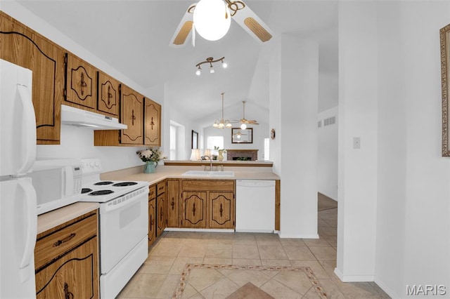 2961 Plum Leaf Cir, Saint Peters, MO 63303 - kitchen with white appliances, a ceiling fan, under cabinet range hood, inlaid floor details, and vaulted ceiling