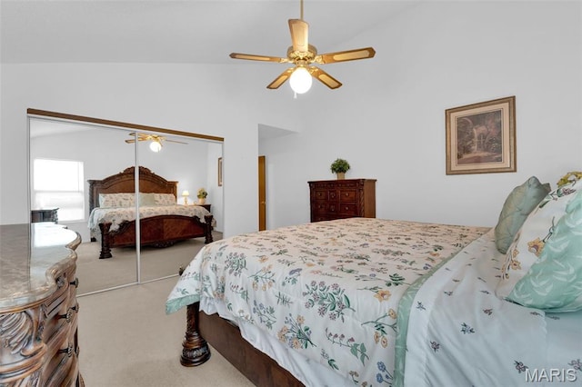 2961 Plum Leaf Cir, Saint Peters, MO 63303 - carpeted bedroom with a closet, vaulted ceiling, and a ceiling fan