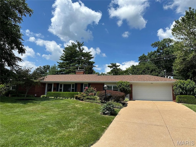1431 Jamaica Ct, Warson Woods, MO 63122 - single story home with brick siding, a garage, concrete driveway, a front yard, and a chimney