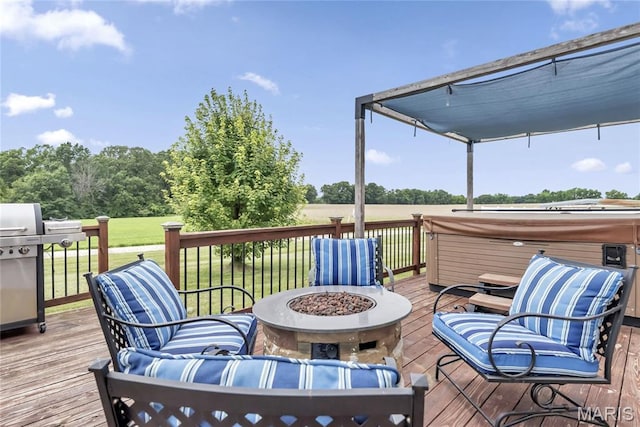 22 Dean Wells Ct, Warrenton, MO 63383 - deck with a hot tub, a fire pit, a lawn, and area for grilling