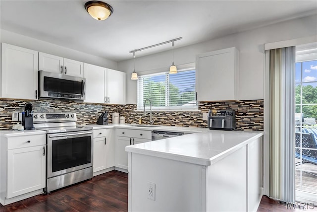 22 Dean Wells Ct, Warrenton, MO 63383 - kitchen featuring stainless steel appliances, dark wood-type flooring, a peninsula, light countertops, and white cabinetry