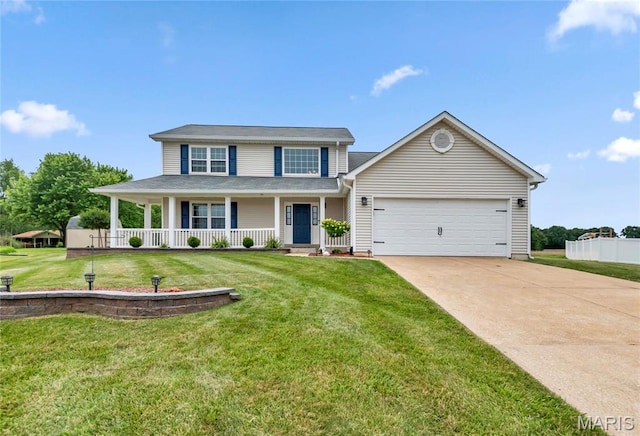 22 Dean Wells Ct, Warrenton, MO 63383 - view of front facade featuring covered porch, an attached garage, concrete driveway, and a front yard