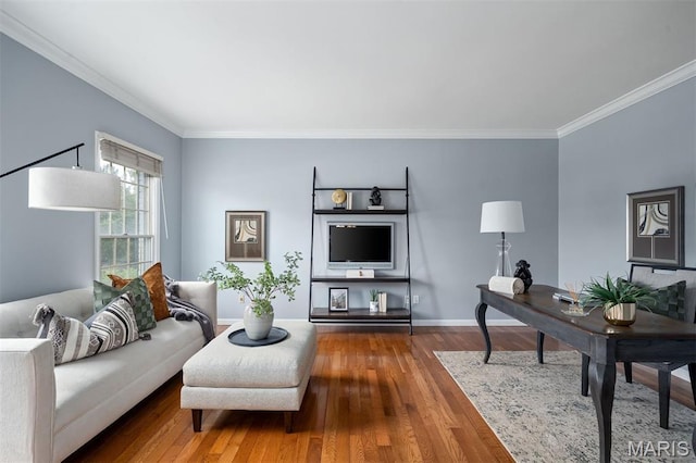 17527 Adams Way Ct, Wildwood, MO 63005 - living room featuring ornamental molding and wood finished floors