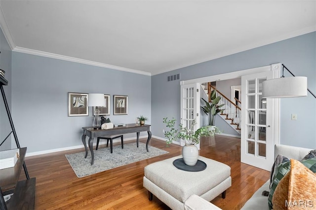 17527 Adams Way Ct, Wildwood, MO 63005 - office area featuring french doors, wood finished floors, and ornamental molding