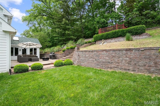 17527 Adams Way Ct, Wildwood, MO 63005 - view of grassy yard featuring outdoor lounge area, a patio area, and stairs