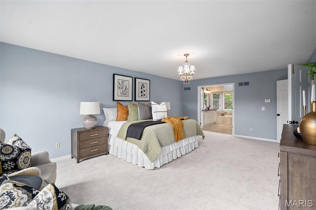 17527 Adams Way Ct, Wildwood, MO 63005 - bedroom featuring a chandelier, light carpet, and connected bathroom