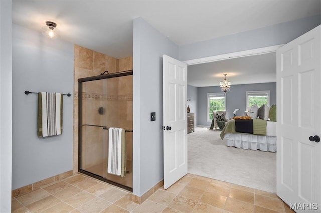 17527 Adams Way Ct, Wildwood, MO 63005 - bathroom featuring a shower stall, a chandelier, and ensuite bathroom