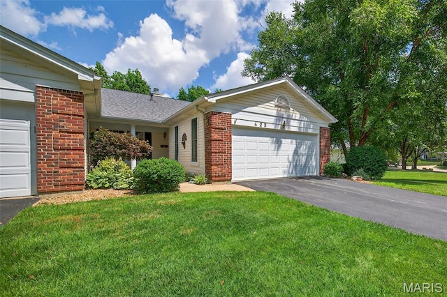 425 Charter Way Dr, Wildwood, MO 63040 - ranch-style home with brick siding, an attached garage, driveway, a front lawn, and roof with shingles