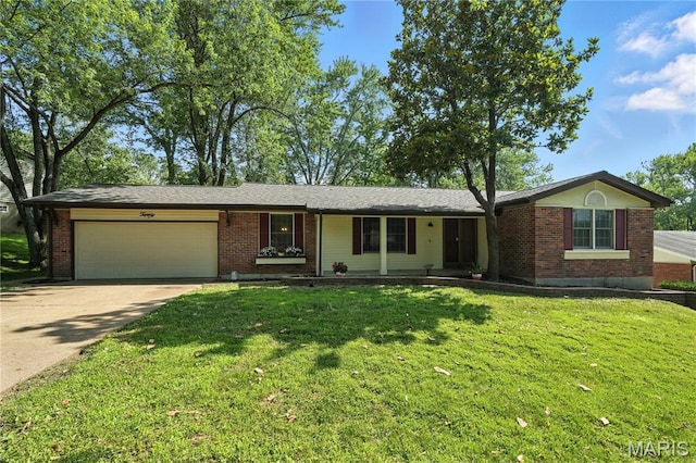 20 Hiddenbrook Dr, Black Jack, MO 63033 - ranch-style house with a garage, brick siding, concrete driveway, and a front yard