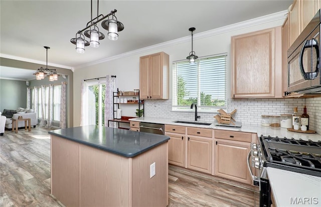 20 Airfield Crossing Court, Lake St Louis, MO 63367 - kitchen featuring appliances with stainless steel finishes, light brown cabinetry, decorative backsplash, healthy amount of natural light, and crown molding