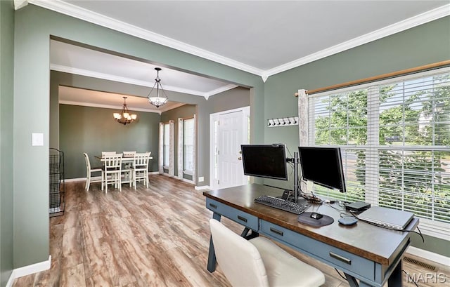 20 Airfield Crossing Court, Lake St Louis, MO 63367 - office with healthy amount of natural light, a chandelier, ornamental molding, and wood finished floors