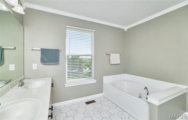 20 Airfield Crossing Court, Lake St Louis, MO 63367 - full bathroom with crown molding, double vanity, a garden tub, and tile patterned flooring