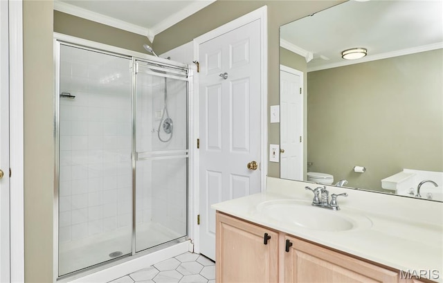 20 Airfield Crossing Court, Lake St Louis, MO 63367 - bathroom featuring ornamental molding, a stall shower, and vanity
