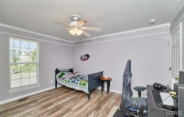 20 Airfield Crossing Court, Lake St Louis, MO 63367 - bedroom with ornamental molding, light wood-style flooring, an office area, and a ceiling fan