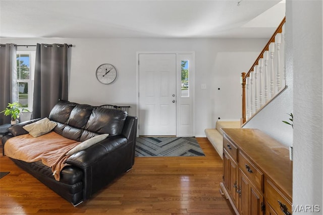 922 Benjamin Dr, Ofallon, IL 62269 - living room with stairway, hardwood / wood-style flooring, and plenty of natural light