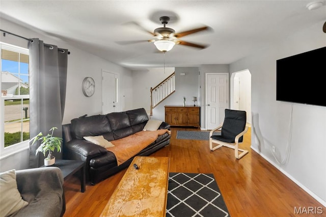 922 Benjamin Dr, Ofallon, IL 62269 - living area featuring wood finished floors, stairway, and a ceiling fan