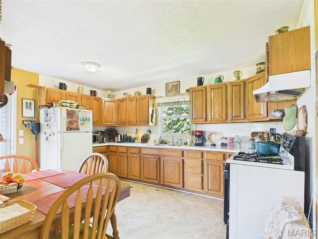 7603 Blue Moon Rd, Bucyrus, MO 65444 - kitchen featuring white appliances, under cabinet range hood, light countertops, a textured ceiling, and brown cabinetry