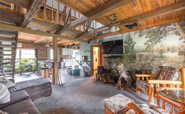 19612 State Route M, Edgar Springs, MO 65462 - carpeted living room with ceiling fan and a wood ceiling with exposed beams