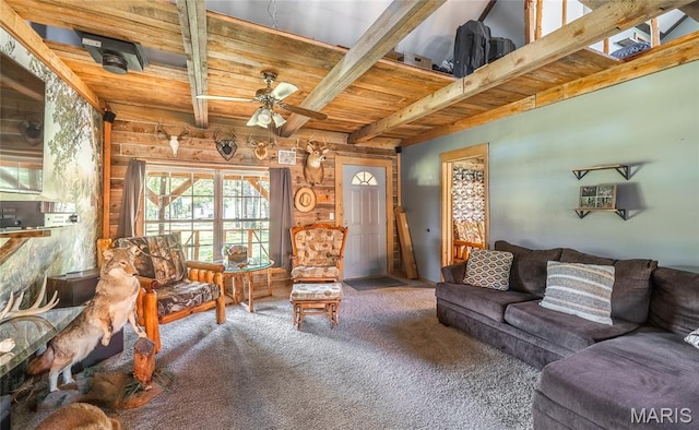 19612 State Route M, Edgar Springs, MO 65462 - carpeted living room featuring a wooden ceiling with exposed beams, a ceiling fan, and log walls