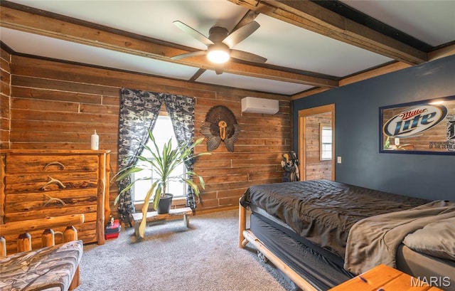 19612 State Route M, Edgar Springs, MO 65462 - bedroom with a wall unit AC, wood walls, carpet floors, beam ceiling, and ceiling fan