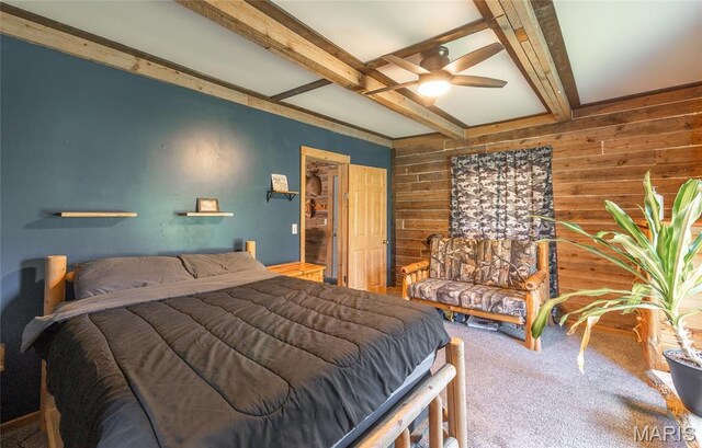 19612 State Route M, Edgar Springs, MO 65462 - bedroom featuring carpet floors, beam ceiling, wood walls, and ceiling fan
