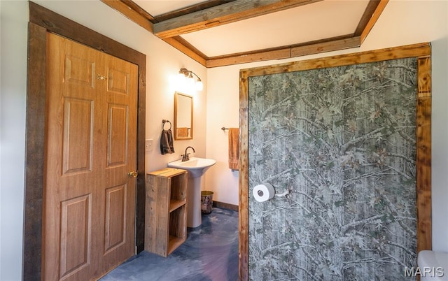 19612 State Route M, Edgar Springs, MO 65462 - full bathroom featuring beamed ceiling, a shower, and ornamental molding