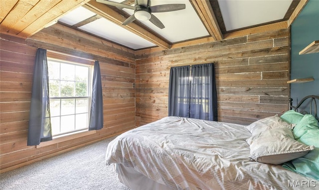 19612 State Route M, Edgar Springs, MO 65462 - carpeted bedroom featuring wood walls and ceiling fan