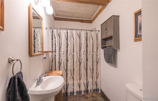19612 State Route M, Edgar Springs, MO 65462 - bathroom with wooden ceiling and a shower with shower curtain