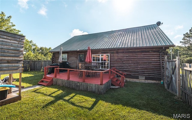 19612 State Route M, Edgar Springs, MO 65462 - rear view of house with crawl space, a wooden deck, a metal roof, and a fenced backyard