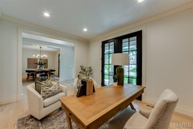 224 Oak Tree Dr, Webster Groves, MO 63119 - office area featuring ornamental molding, recessed lighting, a chandelier, and light wood finished floors