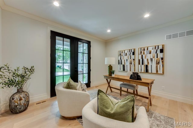 224 Oak Tree Dr, Webster Groves, MO 63119 - home office featuring ornamental molding, light wood-type flooring, french doors, and recessed lighting