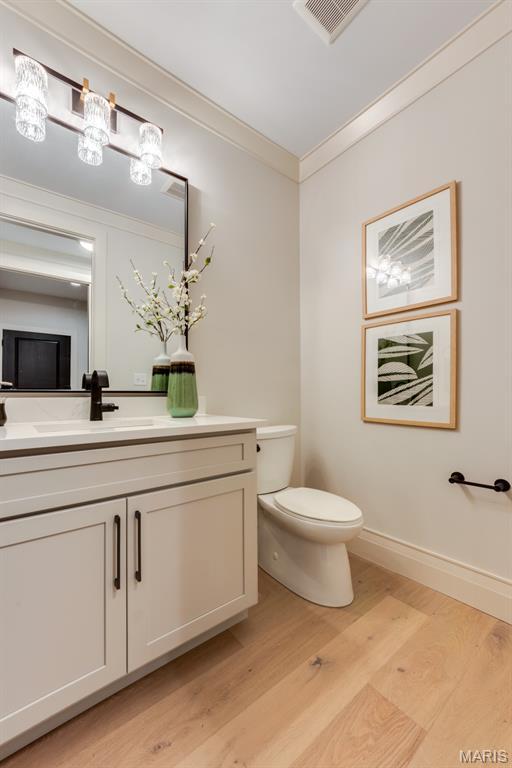 224 Oak Tree Dr, Webster Groves, MO 63119 - bathroom with crown molding, vanity, and wood finished floors