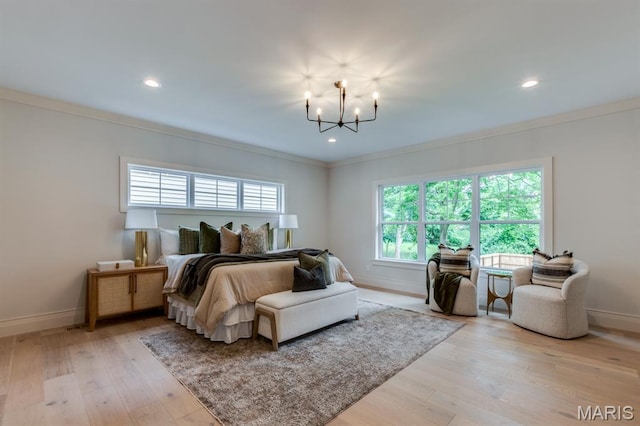 224 Oak Tree Dr, Webster Groves, MO 63119 - bedroom featuring crown molding, a chandelier, multiple windows, light wood-type flooring, and recessed lighting