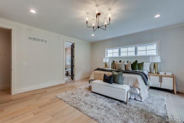 224 Oak Tree Dr, Webster Groves, MO 63119 - bedroom featuring a chandelier, crown molding, light wood-style flooring, and recessed lighting