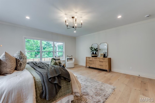 224 Oak Tree Dr, Webster Groves, MO 63119 - bedroom with a chandelier, light wood-style floors, crown molding, and recessed lighting