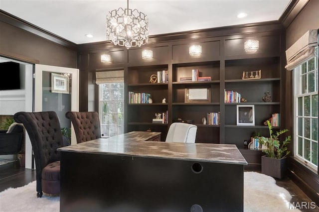 12429 Nicholas Ln, Saint Louis, MO 63131 - office space featuring crown molding, a chandelier, plenty of natural light, and wood finished floors
