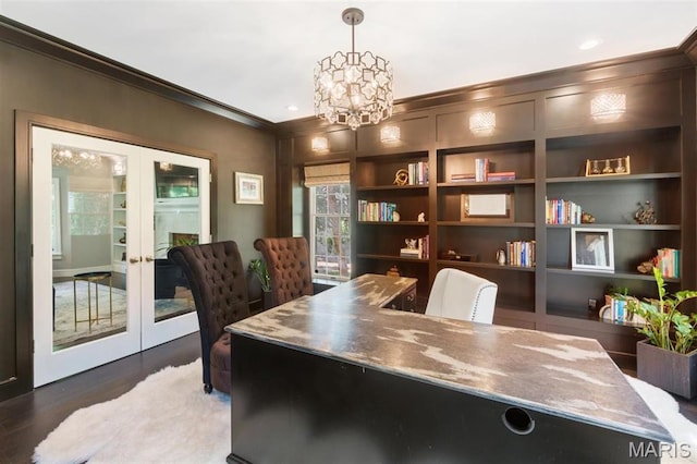 12429 Nicholas Ln, Saint Louis, MO 63131 - office area featuring ornamental molding, french doors, a chandelier, wood finished floors, and built in features