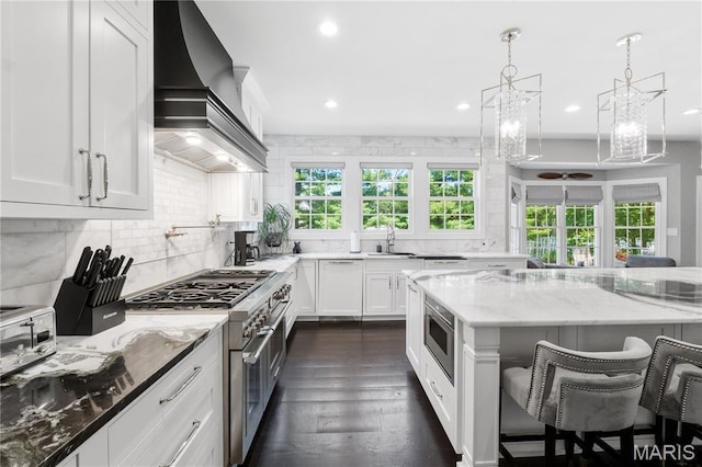 12429 Nicholas Ln, Saint Louis, MO 63131 - kitchen with stainless steel appliances, premium range hood, healthy amount of natural light, dark wood finished floors, and recessed lighting