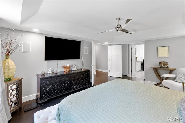 12429 Nicholas Ln, Saint Louis, MO 63131 - bedroom featuring recessed lighting, dark wood finished floors, a ceiling fan, and ensuite bathroom